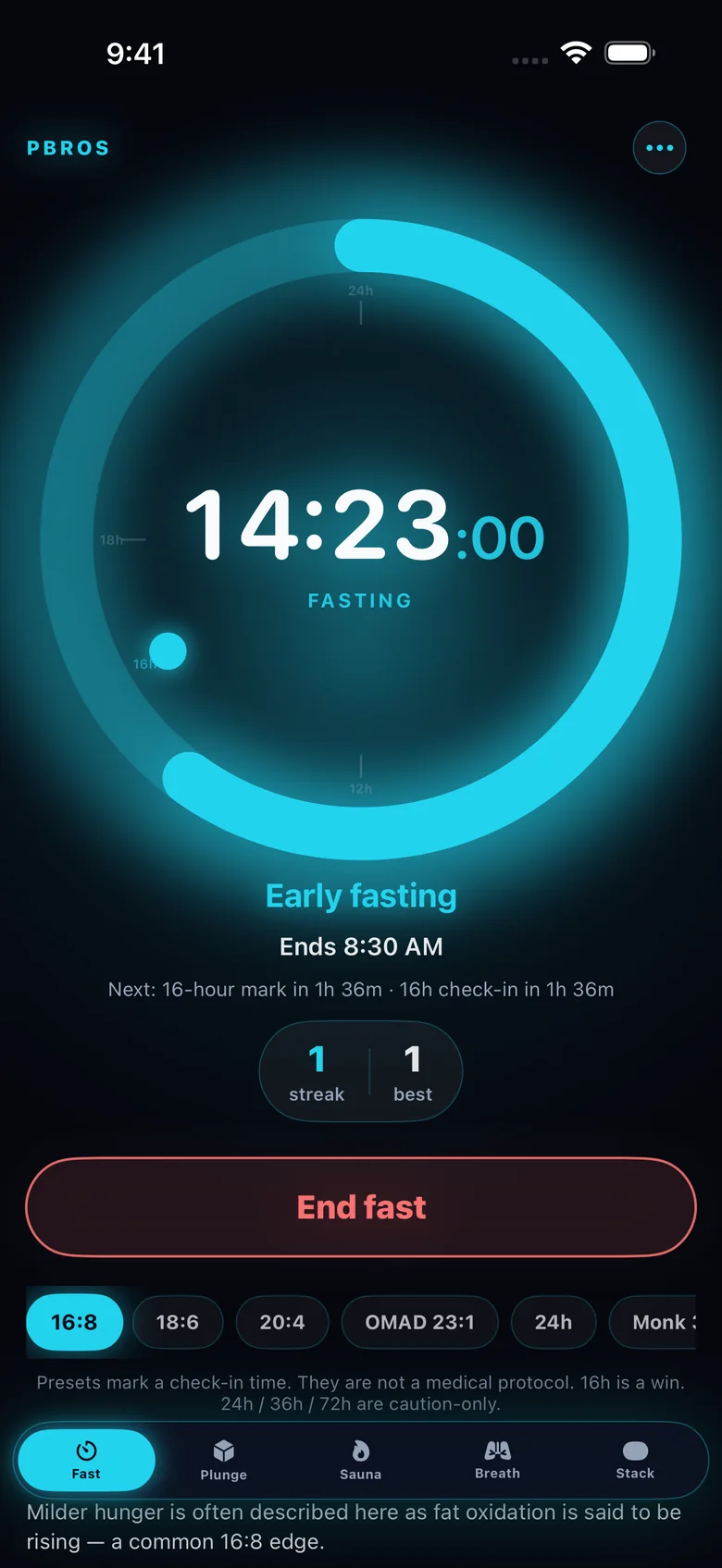 PBros Fast tab running: 14:23 elapsed in the early fasting phase with End fast button