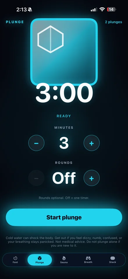 PBros Plunge tab: 3:00 dry-side cold plunge timer with minutes and rounds controls